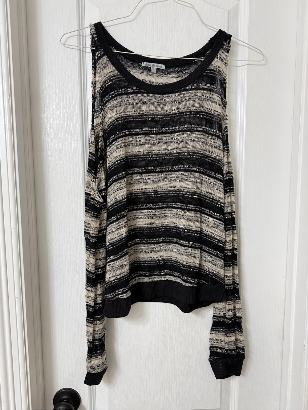Charlotte Russe Striped Cold Shoulder Knit Top Black Gray Beige XL